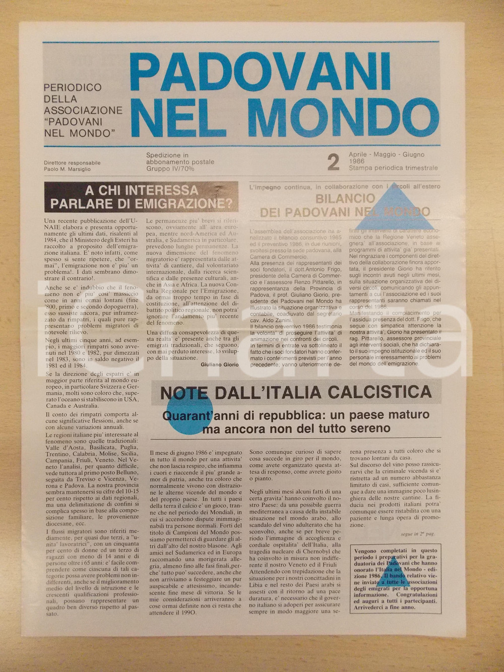 Giornale, rivista storica 1986 PADOVANI NEL MONDO Quarant anni di Repubblica Italiana Periodico n.2 1