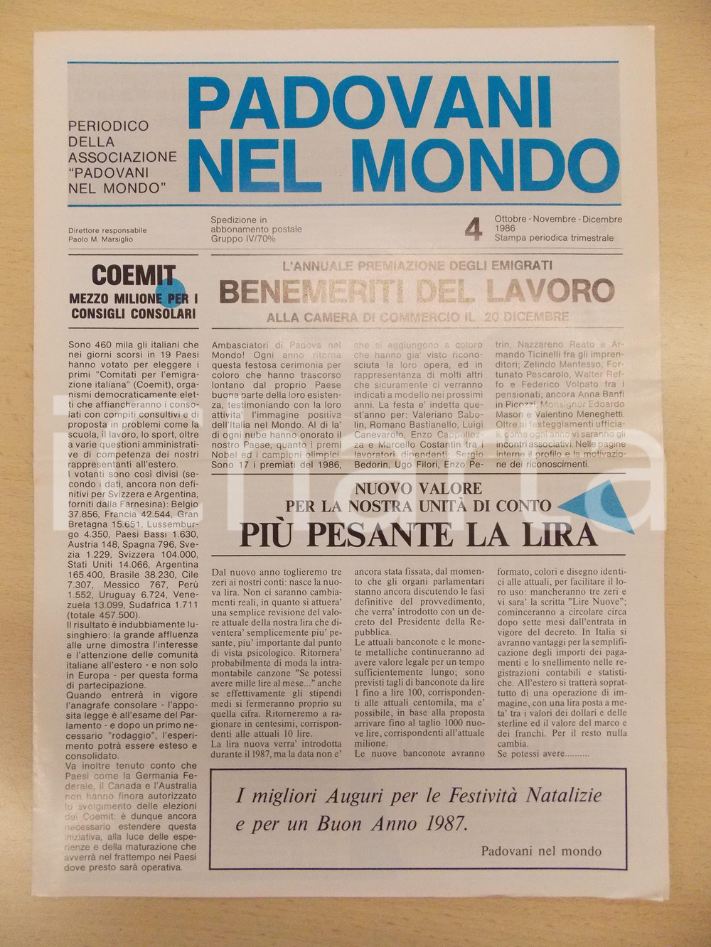 Giornale, rivista storica 1986 PADOVANI NEL MONDO Mezzo milione di votanti per COEMIT Periodico n.4 1