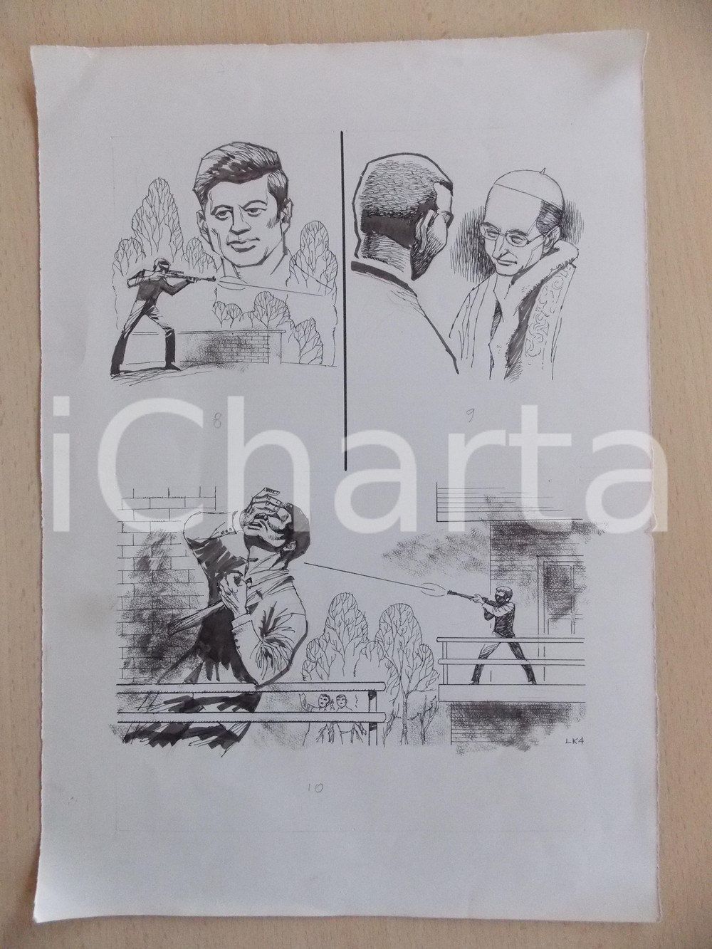 Stampa, bozzetto originale 1965 ca FUMETTO RAZZISMO Omicidio KENNEDY Papa PIO XII Illustrazione ORIGINALE 1