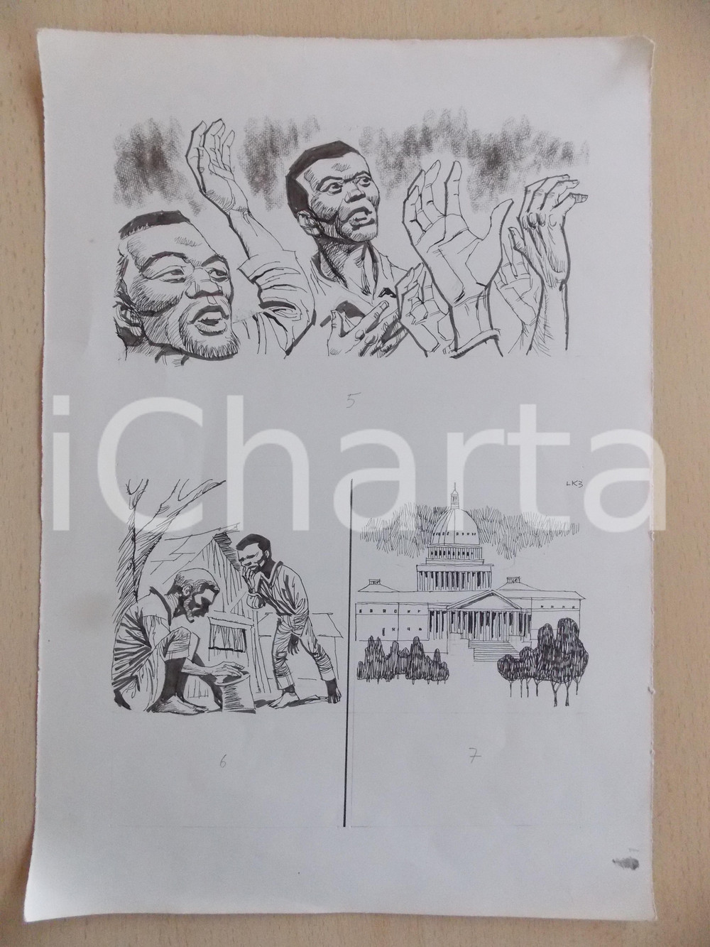 Stampa, bozzetto originale 1965 ca FUMETTO RAZZISMO La capanna dello zio Tom Illustrazione ORIGINALE 25x35 1