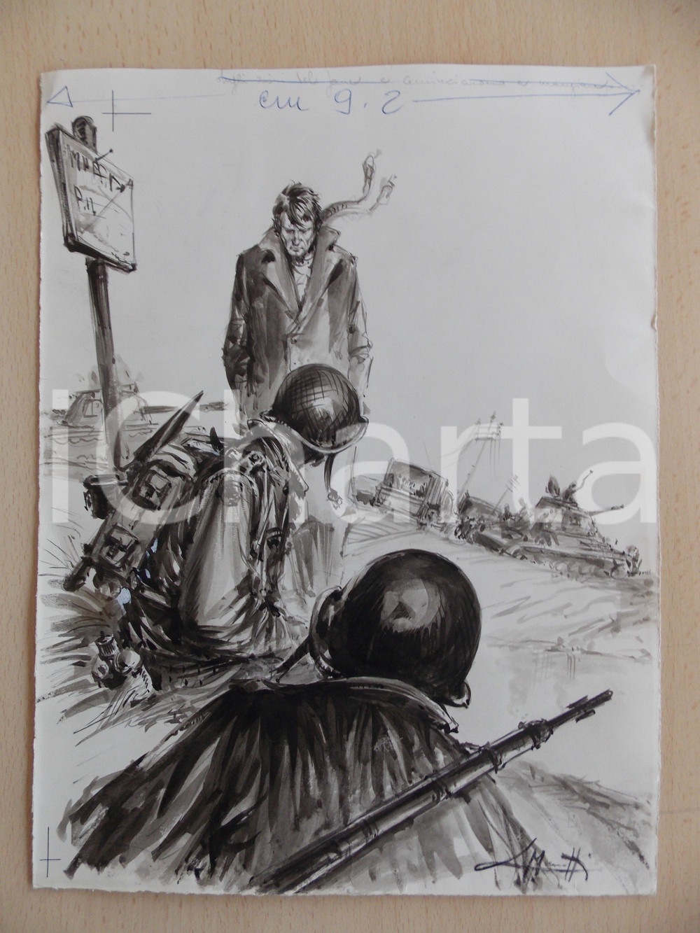 Stampa, bozzetto originale 1955 ca IL VITTORIOSO Sul campo di battaglia Illustrazione ORIGINALE 21x28 cm 1