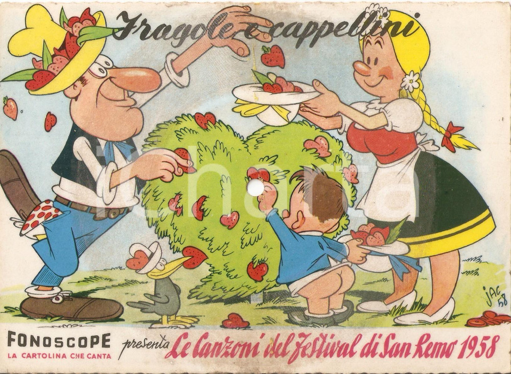 Cartolina originale da collezione 1958 FESTIVAL SANREMO Fragole e cappellini Ill. JACOVITTI Cartolina FONOGRAPH 1