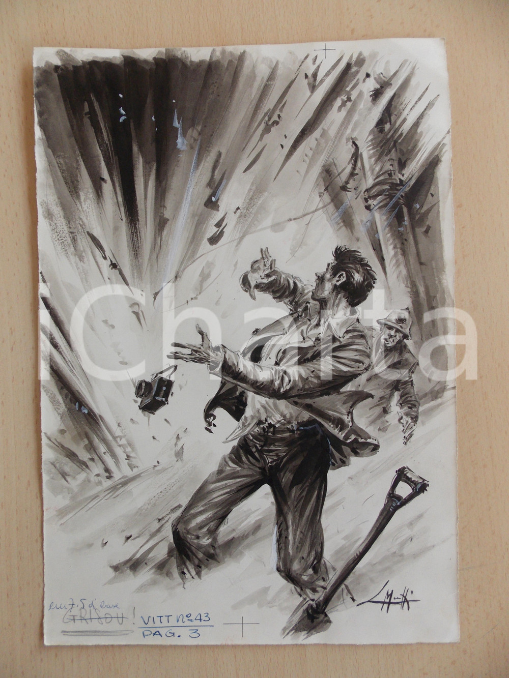 Stampa, bozzetto originale 1955 ca IL VITTORIOSO Esplosione di GRISOU Illustrazione ORIGINALE 21x31 cm 1