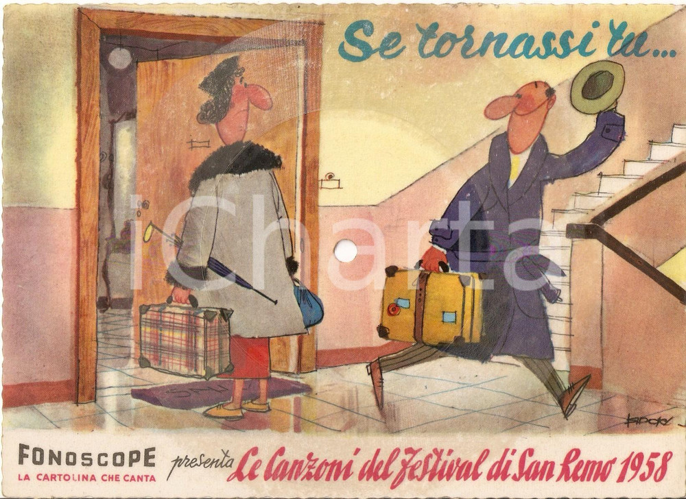 Cartolina originale da collezione 1958 FESTIVAL SANREMO Se tornassi tu... Cartolina FONOGRAPH Illustrata 20x15 cm 1