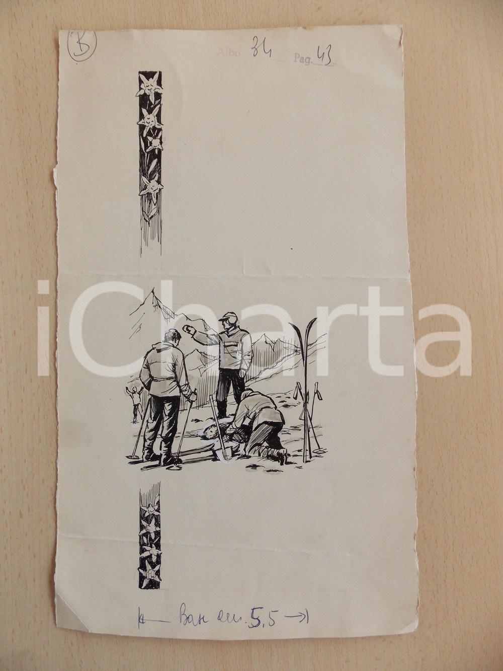 Stampa, bozzetto originale 1955 ca IL VITTORIOSO ? Soccorso alpino Illustrazione ORIGINALE 20x33 cm 1