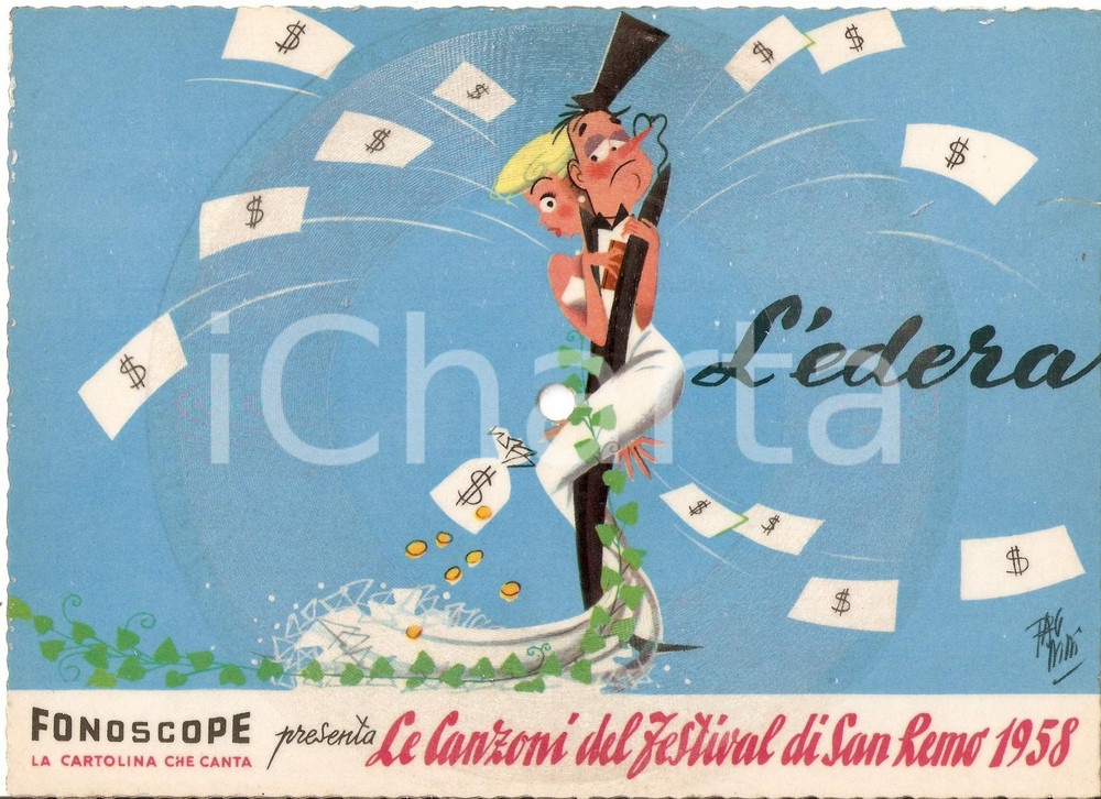 Cartolina originale da collezione 1958 FESTIVAL SANREMO L edera Cartolina FONOGRAPH Illustrata 20x15 cm 1