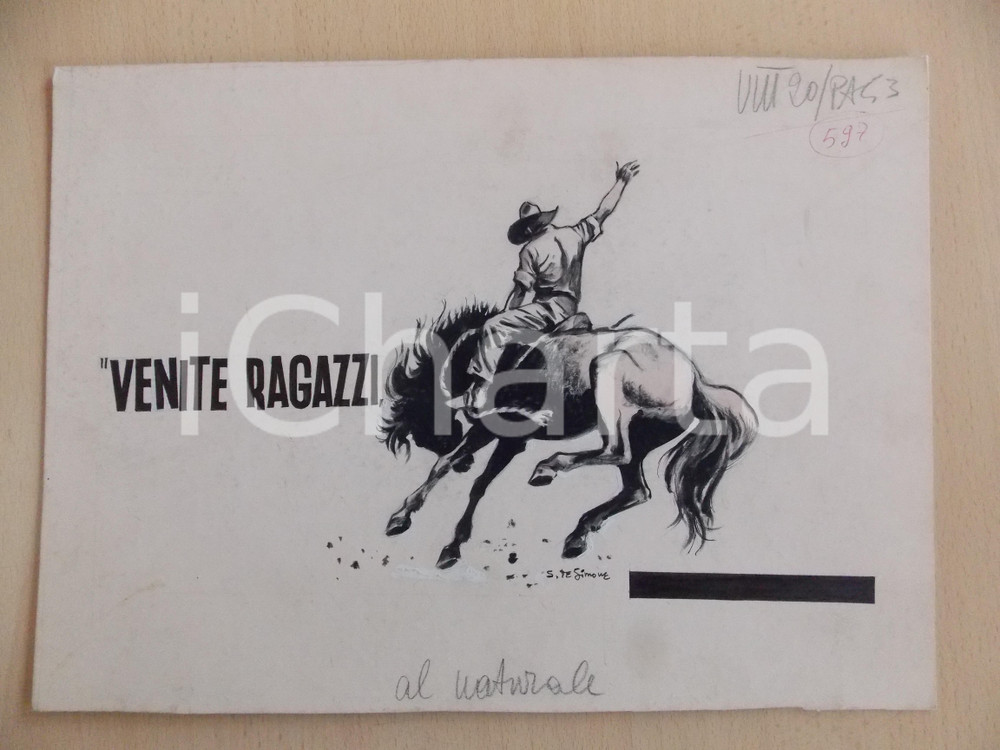 Stampa, bozzetto originale 1955 ca IL VITTORIOSO Sergio DE SIMONE Rodeo cowboy Illustrazione ORIGINALE 1