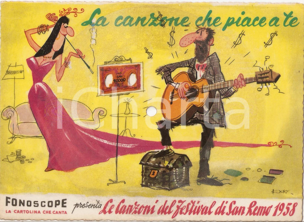 Cartolina originale da collezione 1958 FESTIVAL SANREMO La canzone che piace a te Cartolina FONOGRAPH Illustrata 1