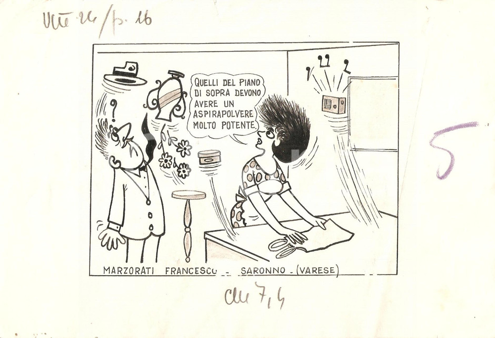 Stampa, bozzetto originale 1955 ca IL VITTORIOSO Aspirapolvere potente BARZELLETTA Vignetta ORIGINALE 24x16 1