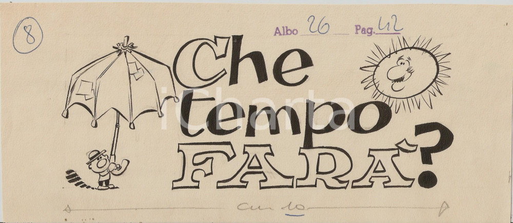Stampa, bozzetto originale 1955 ca JOLLY Che tempo farÃ ? Illustrazione ORIGINALE per testata 26x11 cm 1