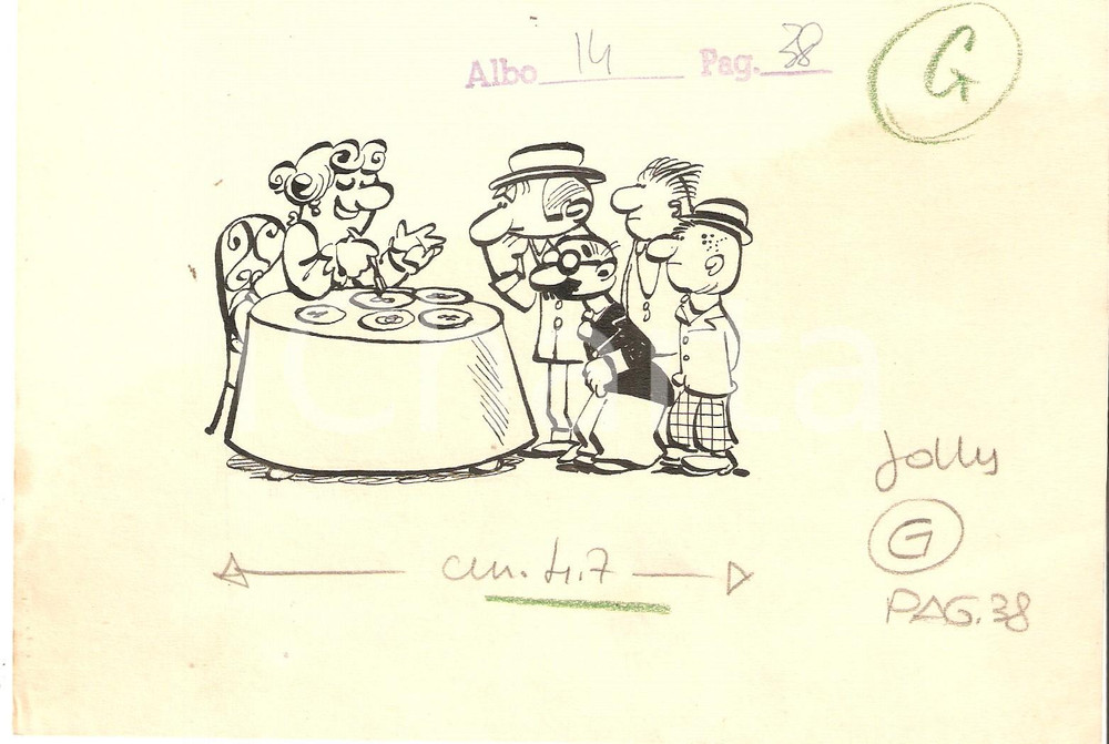 Stampa, bozzetto originale 1955 ca JOLLY Vignetta ORIGINALE Critico gastronomico 19x13 cm 1