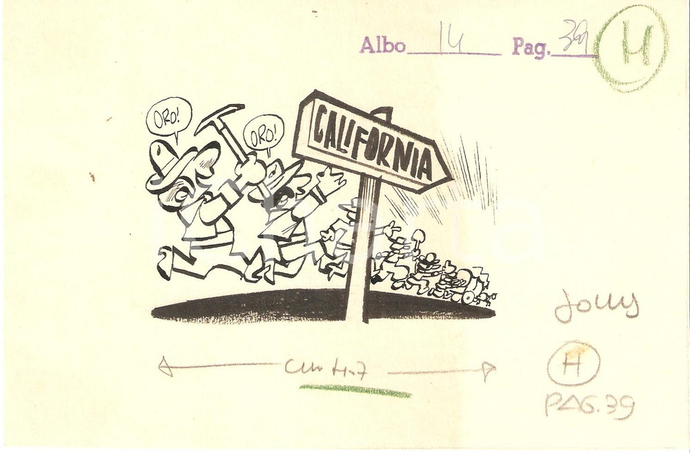 Stampa, bozzetto originale 1955 ca JOLLY Vignetta ORIGINALE Corsa all oro in CALIFORNIA 19x12 cm 1