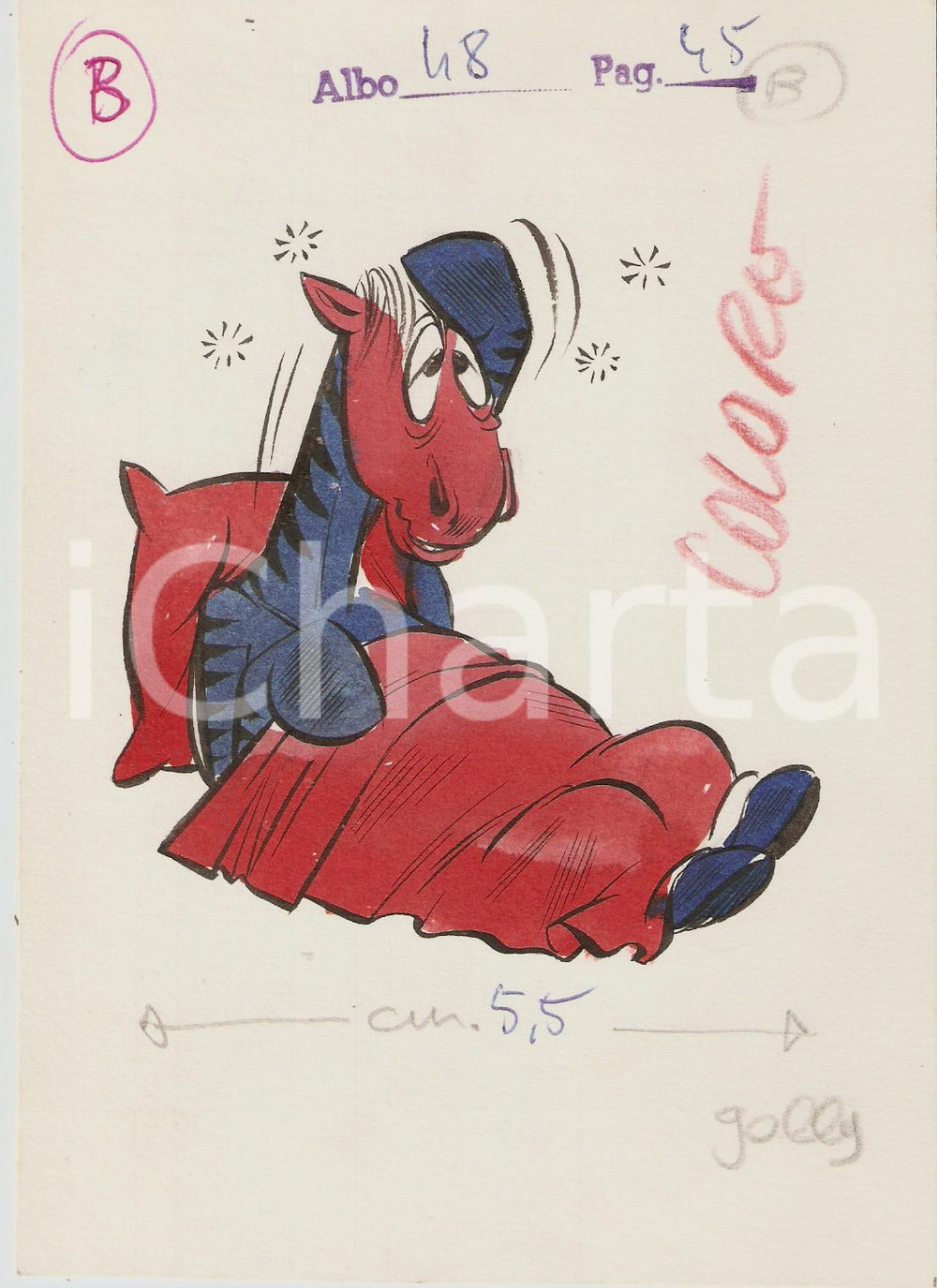Stampa, bozzetto originale 1955 ca JOLLY Vignetta ORIGINALE Zebra insonne 14x19 cm 1