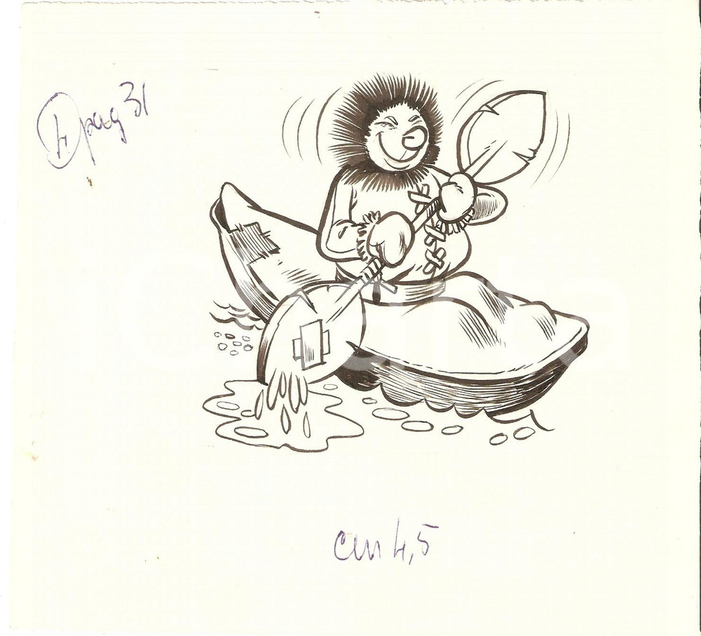 Stampa, bozzetto originale 1955 JOLLY ? Vignetta ORIGINALE Eschimese sulla canoa 18x17cm 1