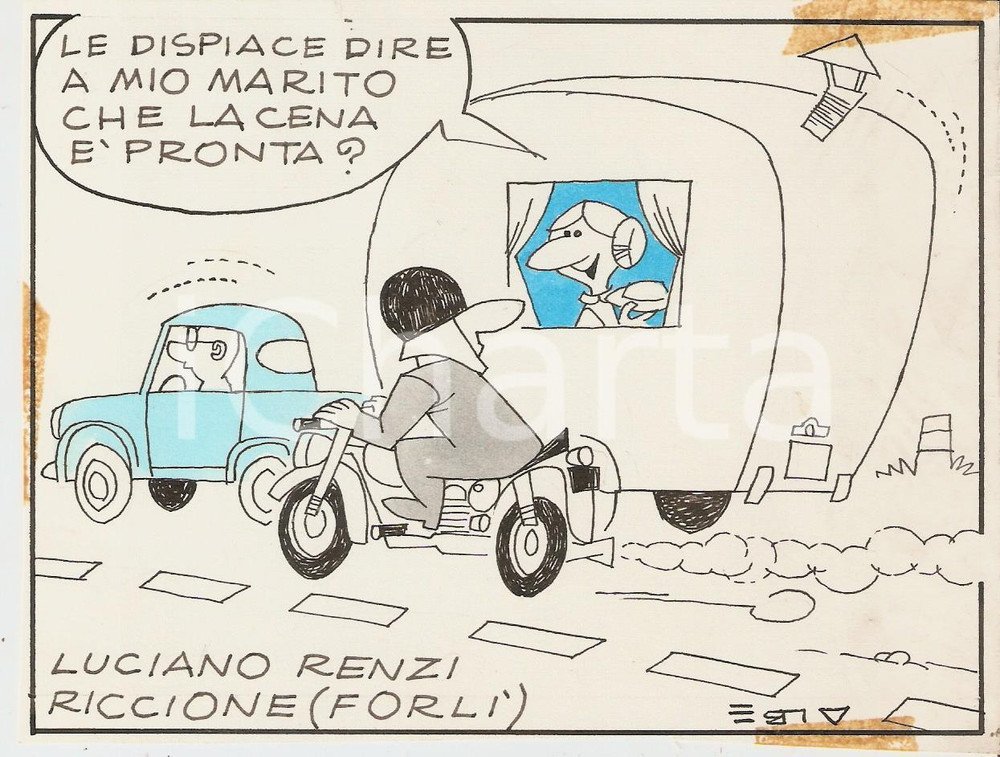 Stampa, bozzetto originale 1955 ca IL VITTORIOSO ALBE Alberto CATALANI Cena in roulotte Vignetta ORIGINALE 1