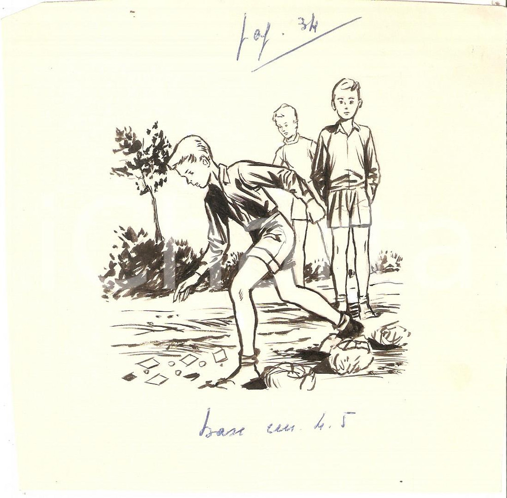 Stampa, bozzetto originale 1955 ca IL VITTORIOSO ? Ragazzi in un campo di cavoli Illustrazione ORIGINALE 1