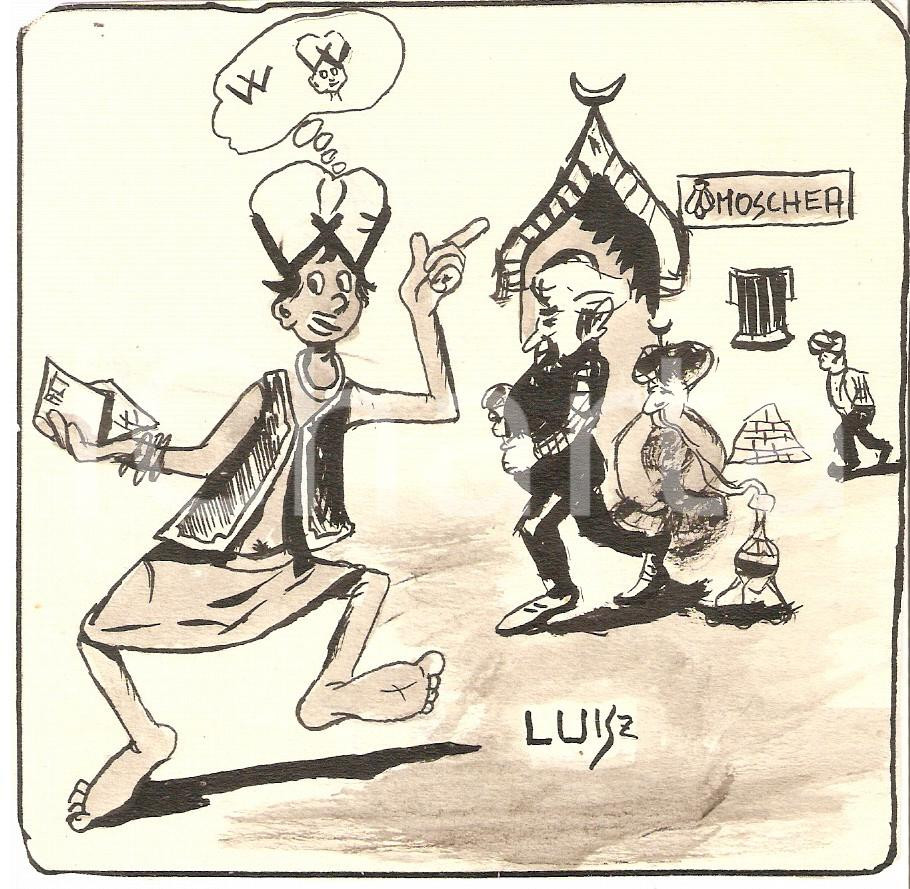 Stampa, bozzetto originale 1955 ca IL VITTORIOSO ? Satira sull ISLAM  LUISZ Illustrazione ORIGINALE 1