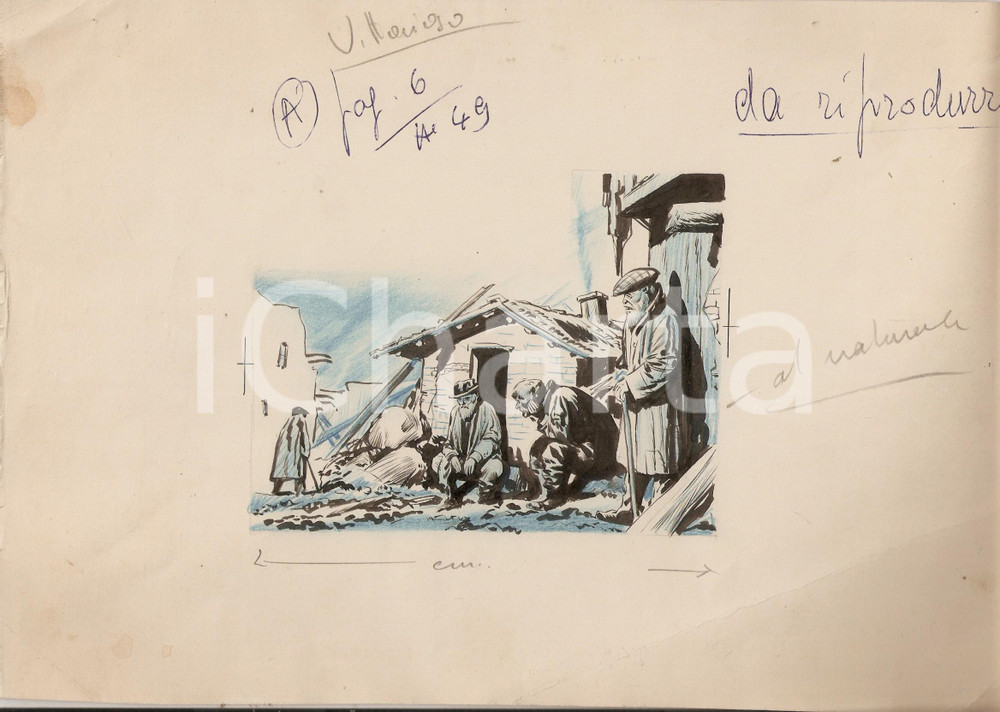 Stampa, bozzetto originale 1955 ca IL VITTORIOSO Clochard nella baraccopoli Illustrazione ORIGINALE 30x21 1