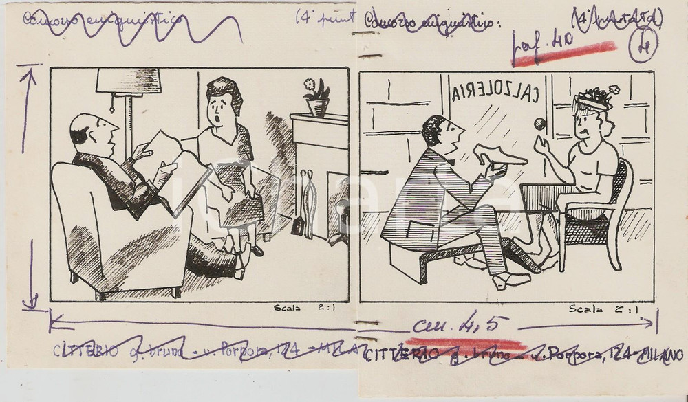 Stampa, bozzetto originale 1955 IL VITTORIOSO Concorso enigmistico Vignetta ORIGINALE 20x11 cm 1