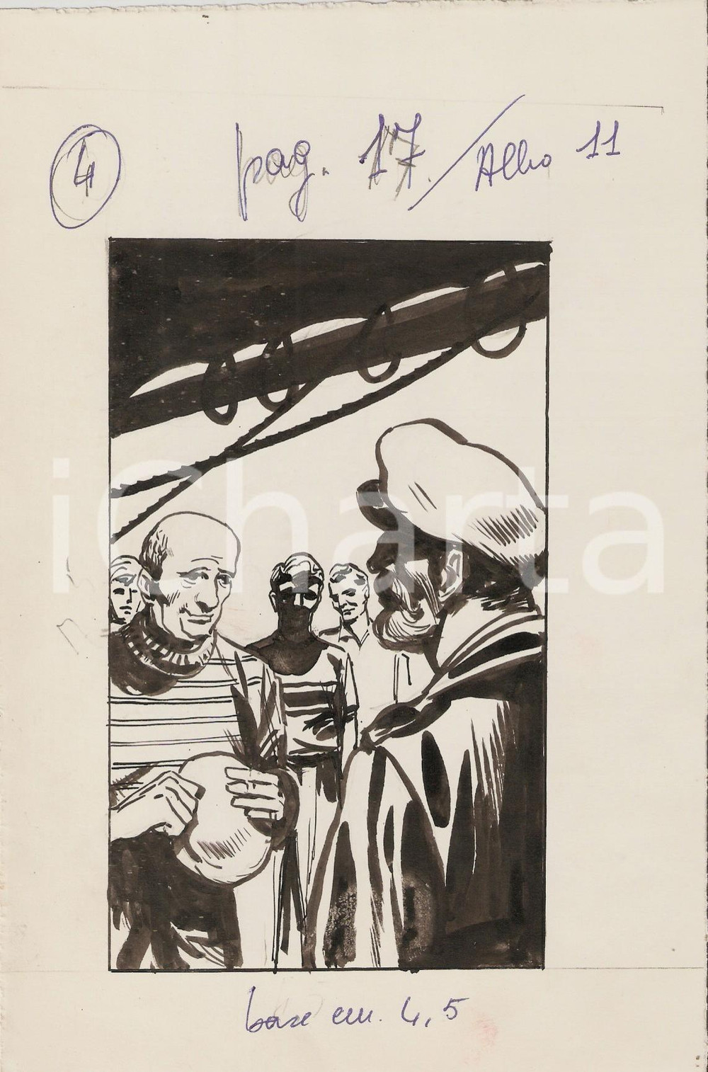 Stampa, bozzetto originale 1955 ca IL VITTORIOSO ? Marinaio si scusa col capitano Illustrazione ORIGINALE 1