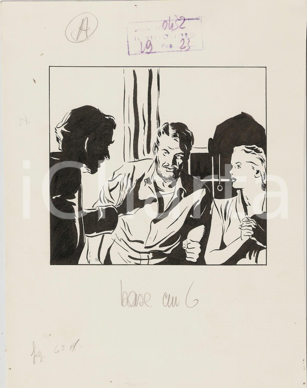 Stampa, bozzetto originale 1955 ca IL VITTORIOSO Vignetta ORIGINALE Interrogatorio 18x24 cm 1