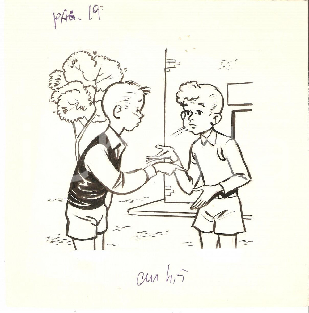 Stampa, bozzetto originale 1955 ca IL VITTORIOSO ? Vignetta ORIGINALE Discussione tra ragazzi 15x15 cm 1