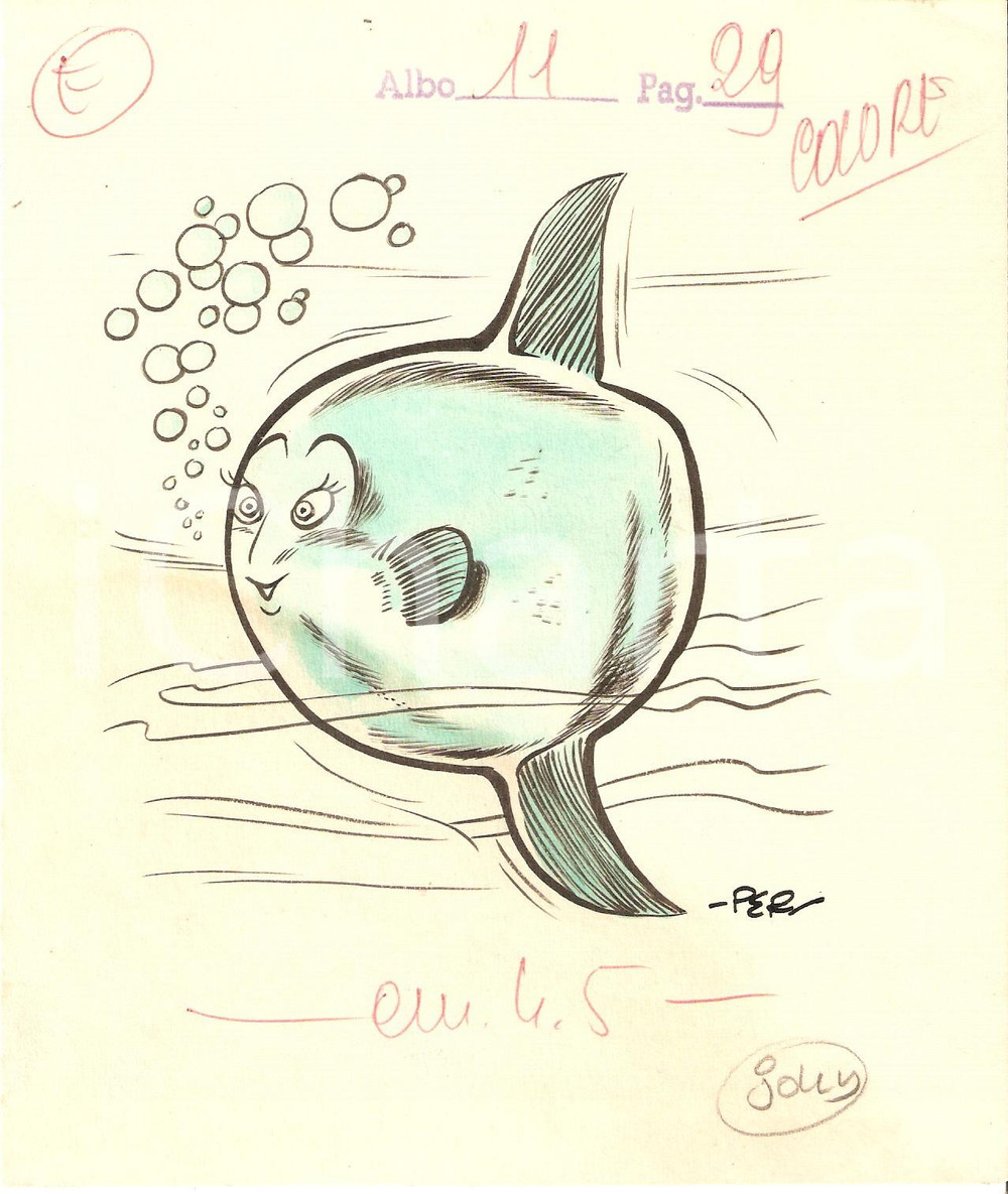 Stampa, bozzetto originale 1955 ca JOLLY Carlo PERONI Pesce luna PEROGATT Illustrazione ORIGINALE 16x19 cm 1