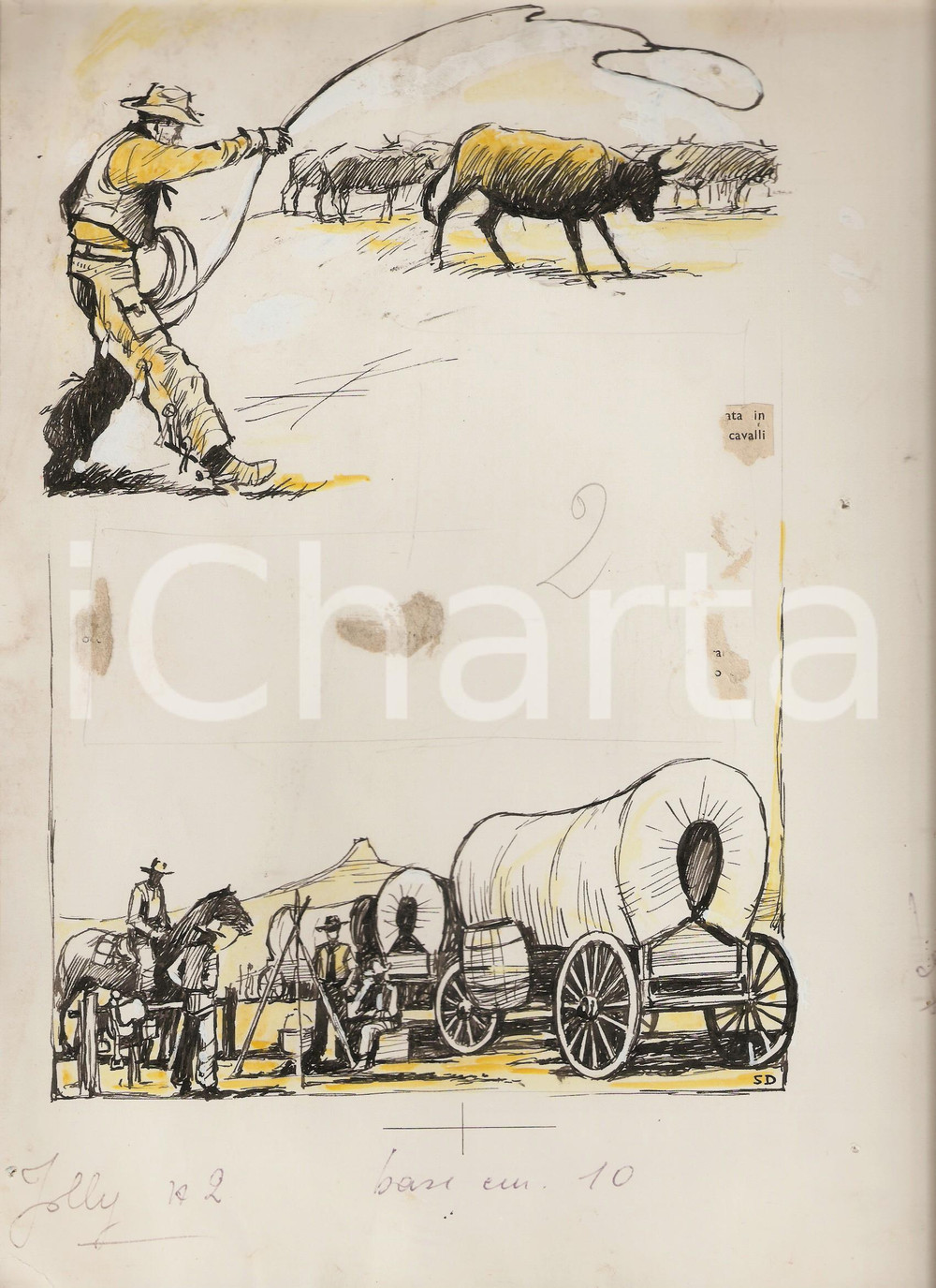 Stampa, bozzetto originale 1955 ca JOLLY Cowboy e carovana FAR WEST Illustrazione ORIGINALE 24x30 cm 1
