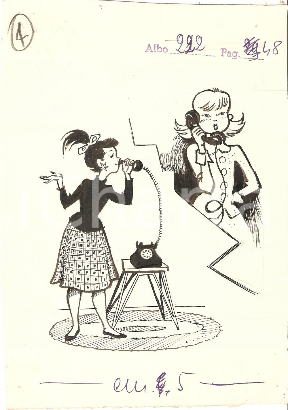 Stampa, bozzetto originale 1955 ca IL VITTORIOSO ?Telefonata tra ragazzine Illustrazione ORIGINALE 16x22 cm 1
