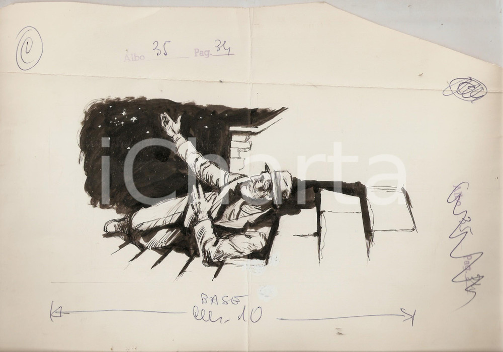 Stampa, bozzetto originale 1955 ca IL VITTORIOSO ? Clochard sotto cielo stellato Illustrazione ORIGINALE 1