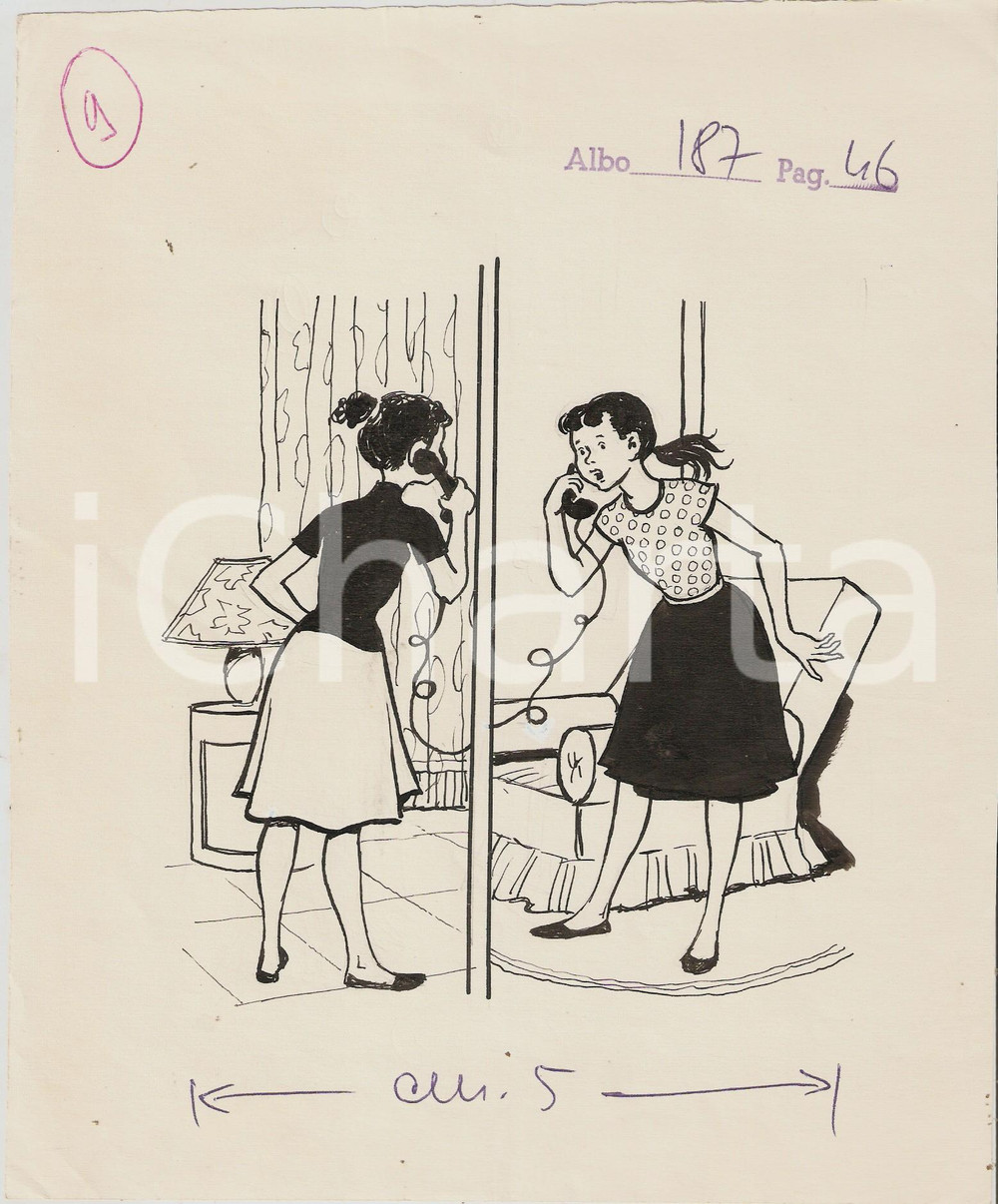 Stampa, bozzetto originale 1955 ca IL VITTORIOSO ? Ragazzine al telefono Illustrazione ORIGINALE 19x24 cm 1