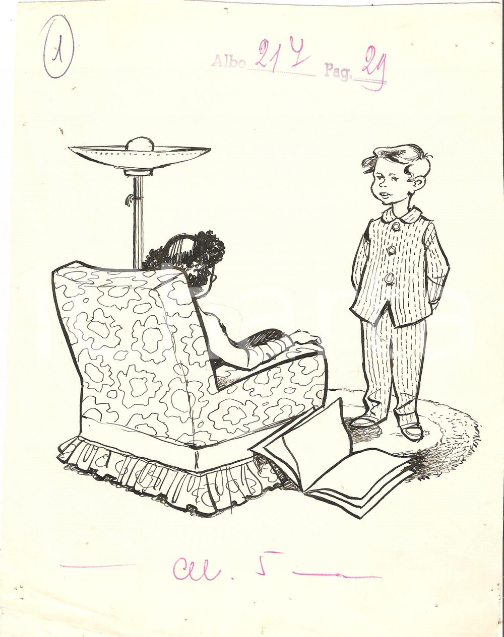 Stampa, bozzetto originale 1955 ca IL VITTORIOSO ? Bambino in pigiama Illustrazione ORIGINALE 18x23 cm 1