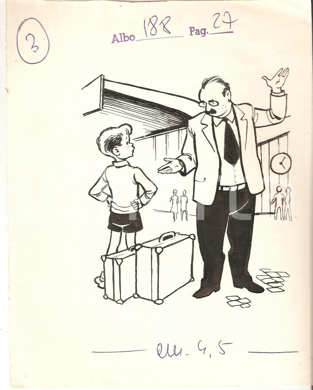 Stampa, bozzetto originale 1955 ca IL VITTORIOSO ? Bambino alla stazione Illustrazione ORIGINALE 16x20 cm 1