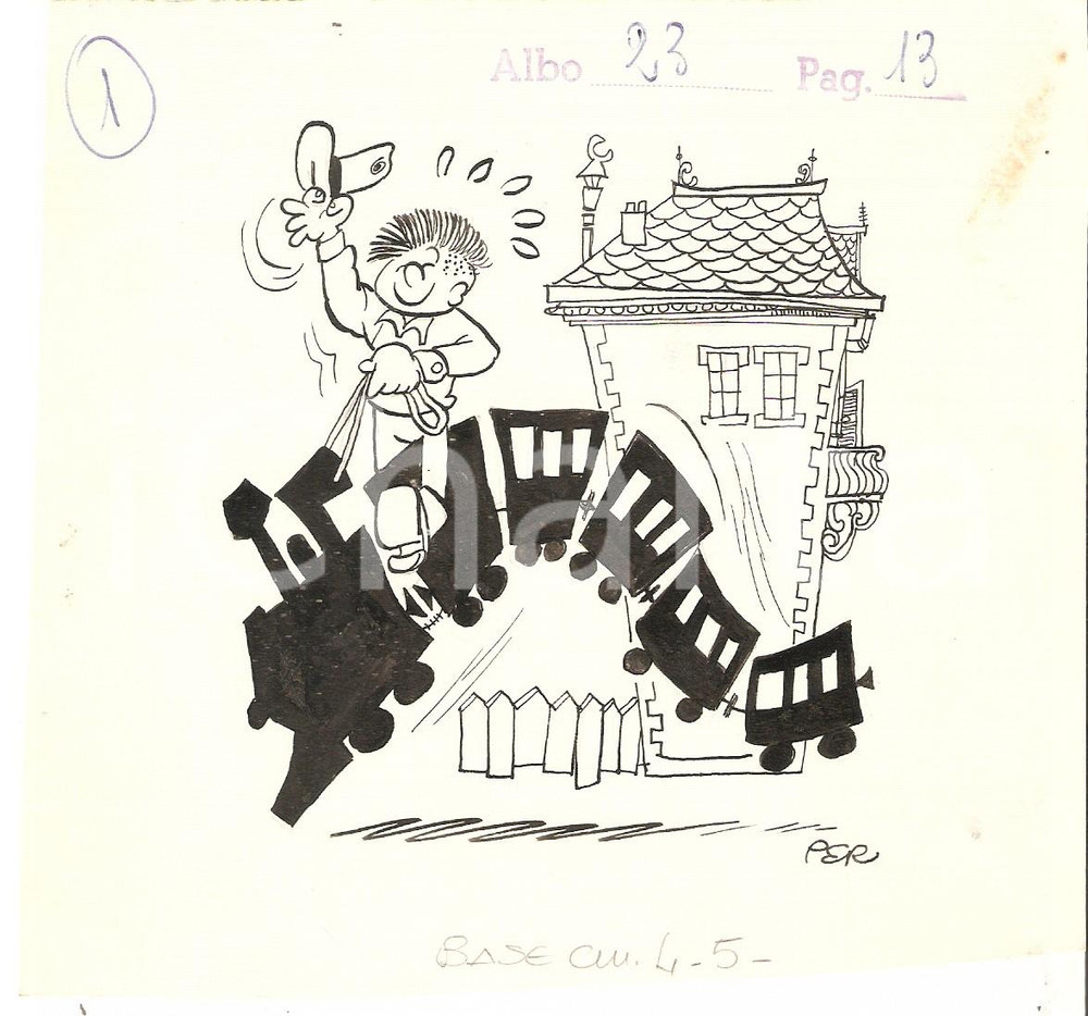 Stampa, bozzetto originale 1955 ca JOLLY Carlo PERONI Bimbo cavalca trenino PEROGATT Ill. ORIGINALE 1