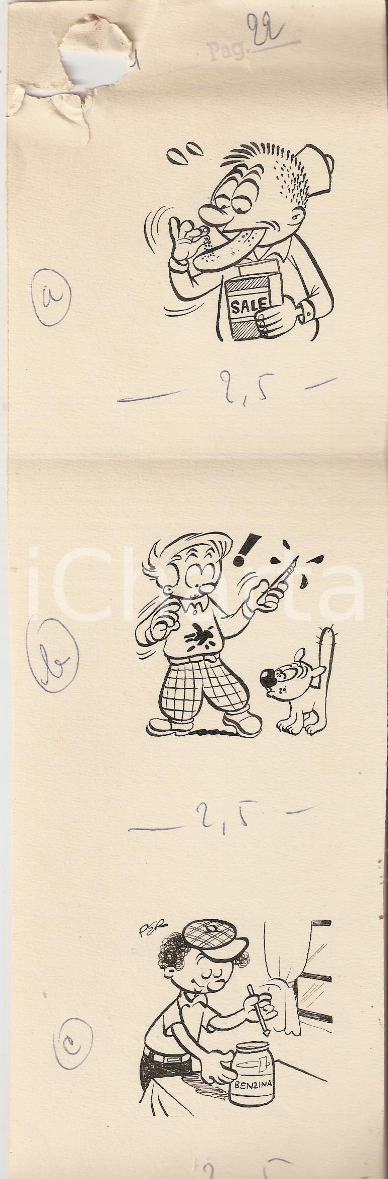 Stampa, bozzetto originale 1955 ca JOLLY Carlo PERONI Vignette varie PEROGATT Illustrazione ORIGINALE 9x32 1