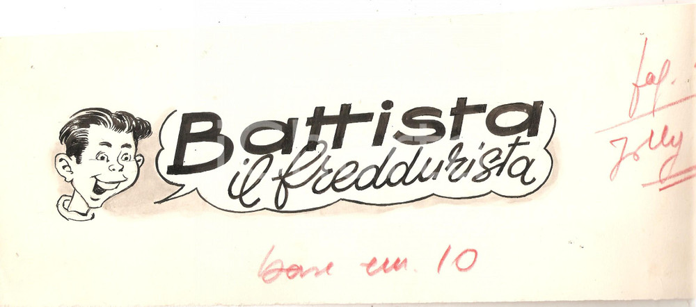 Stampa, bozzetto originale 1955 ca JOLLY Battista il freddurista Illustrazione ORIGINALE per testata 33x12 1