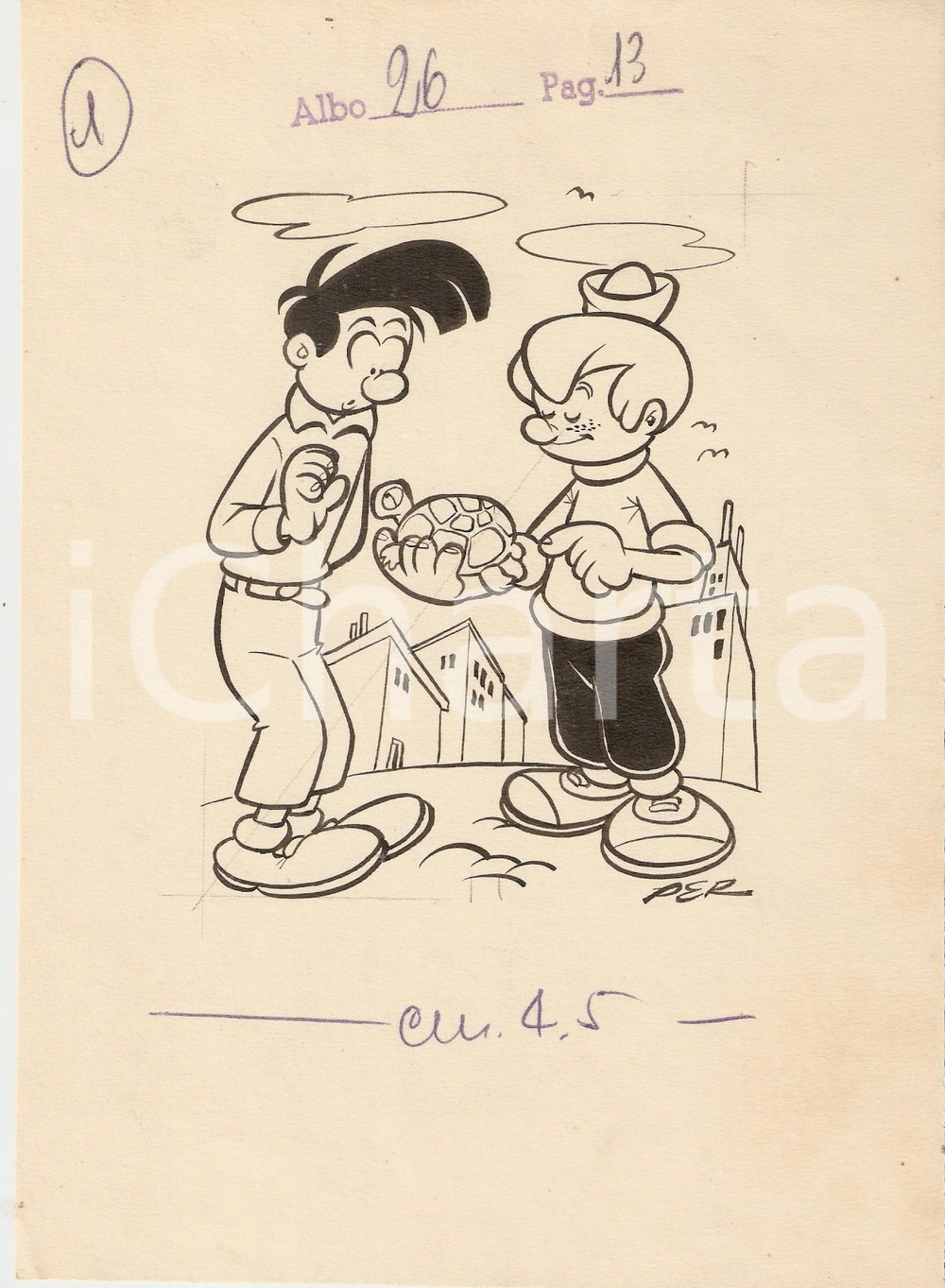 Stampa, bozzetto originale 1955 ca JOLLY Carlo PERONI Bambini e tartaruga PEROGATT Illustrazione ORIGINALE 1