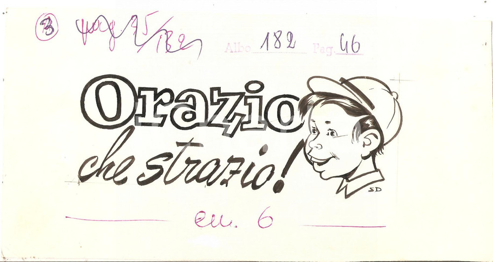 Stampa, bozzetto originale 1955 ca JOLLY Orazio che strazio Illustrazione ORIGINALE per testata 23x11 1