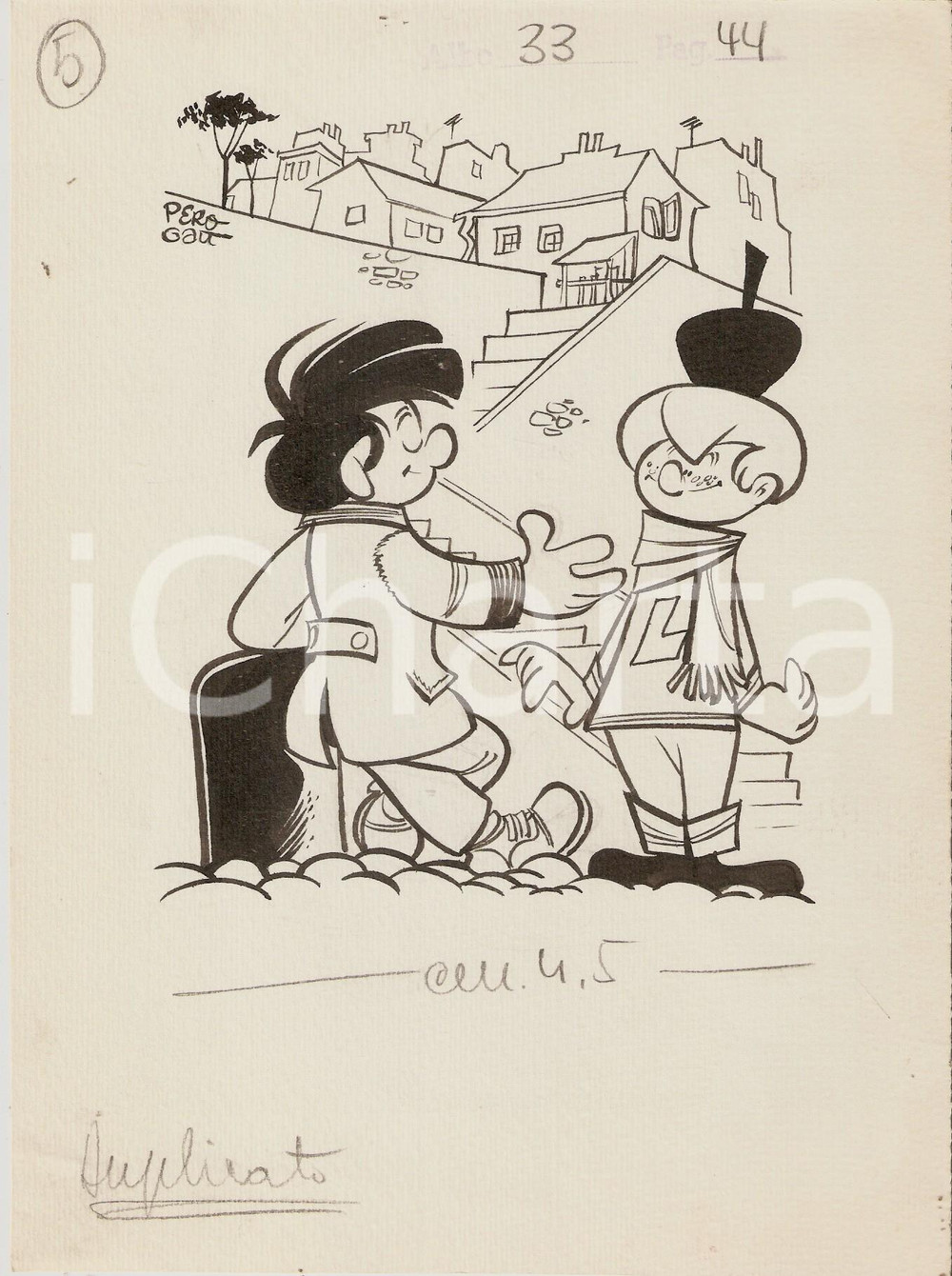 Stampa, bozzetto originale 1955 ca JOLLY Carlo PERONI Bambini per strada PEROGATT Illustrazione ORIGINALE 1