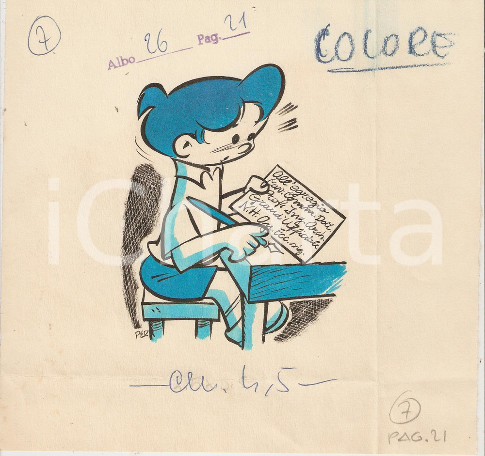 Stampa, bozzetto originale 1955 ca JOLLY Carlo PERONI Scolaro scrive letterina PEROGATT Ill. ORIGINALE 1