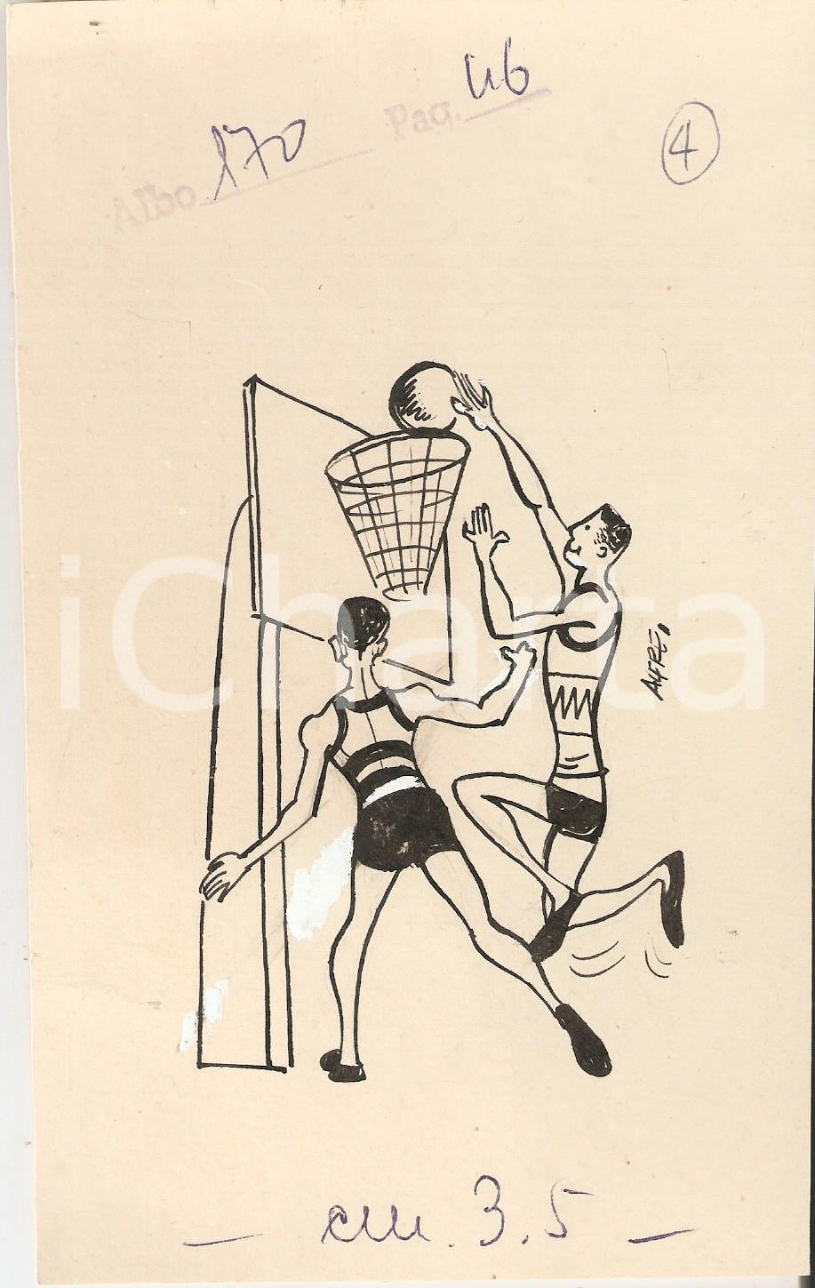 Stampa, bozzetto originale 1955 ca IL VITTORIOSO ? Alfredo BRASIOLI Illustrazione ORIGINALE Basket 11x18cm 1