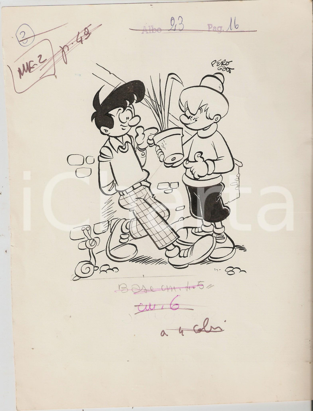 Stampa, bozzetto originale 1955 ca JOLLY Carlo PERONI Bambini e vaso PEROGATT Illustrazione ORIGINALE 1