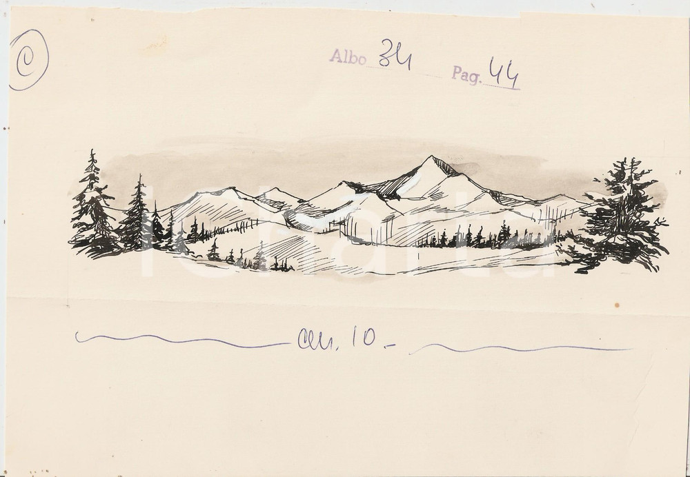Stampa, bozzetto originale 1955 ca IL VITTORIOSO ? Illustrazione ORIGINALE Panorama alpino 23x16 cm 1
