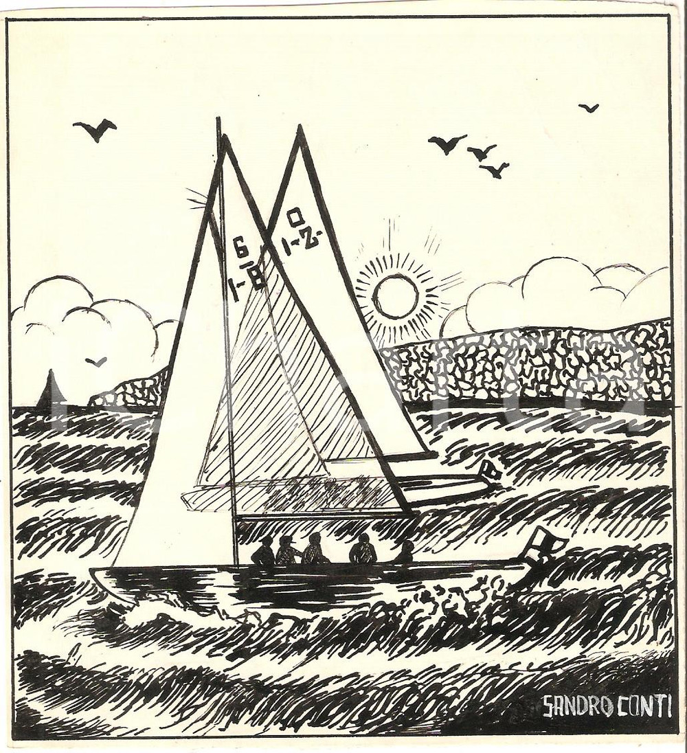 Stampa, bozzetto originale 1955 ca IL VITTORIOSO ? Sandro CONTI Illustrazione ORIGINALE Regata 13x14 cm 1