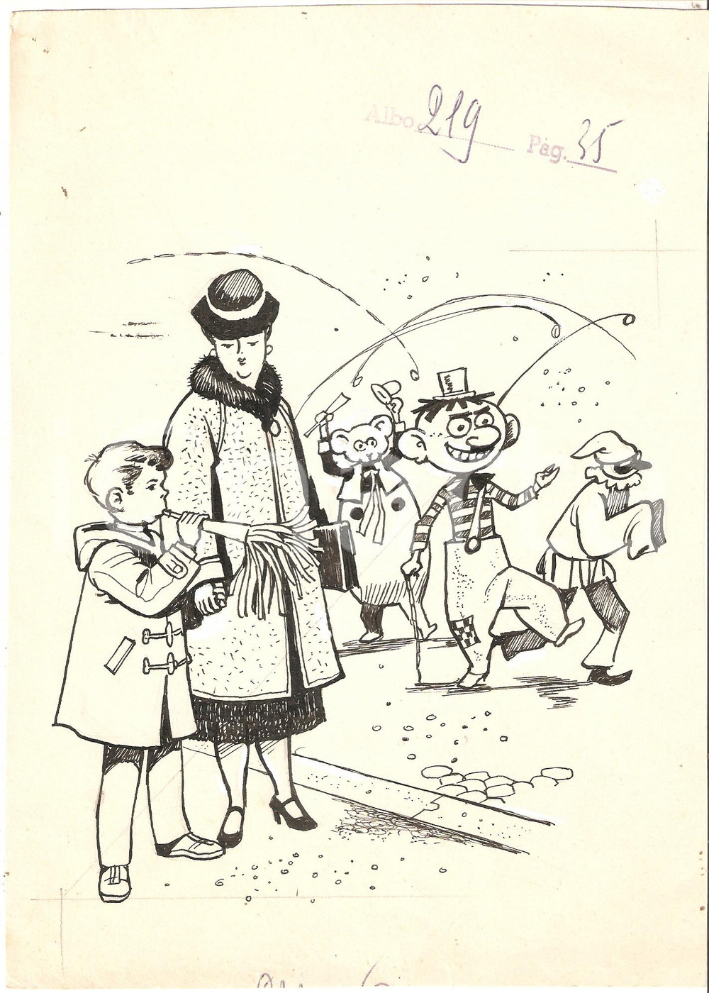 Stampa, bozzetto originale 1955 ca IL VITTORIOSO ? Sfilata di CARNEVALE Illustrazione ORIGINALE 17x25 cm 1