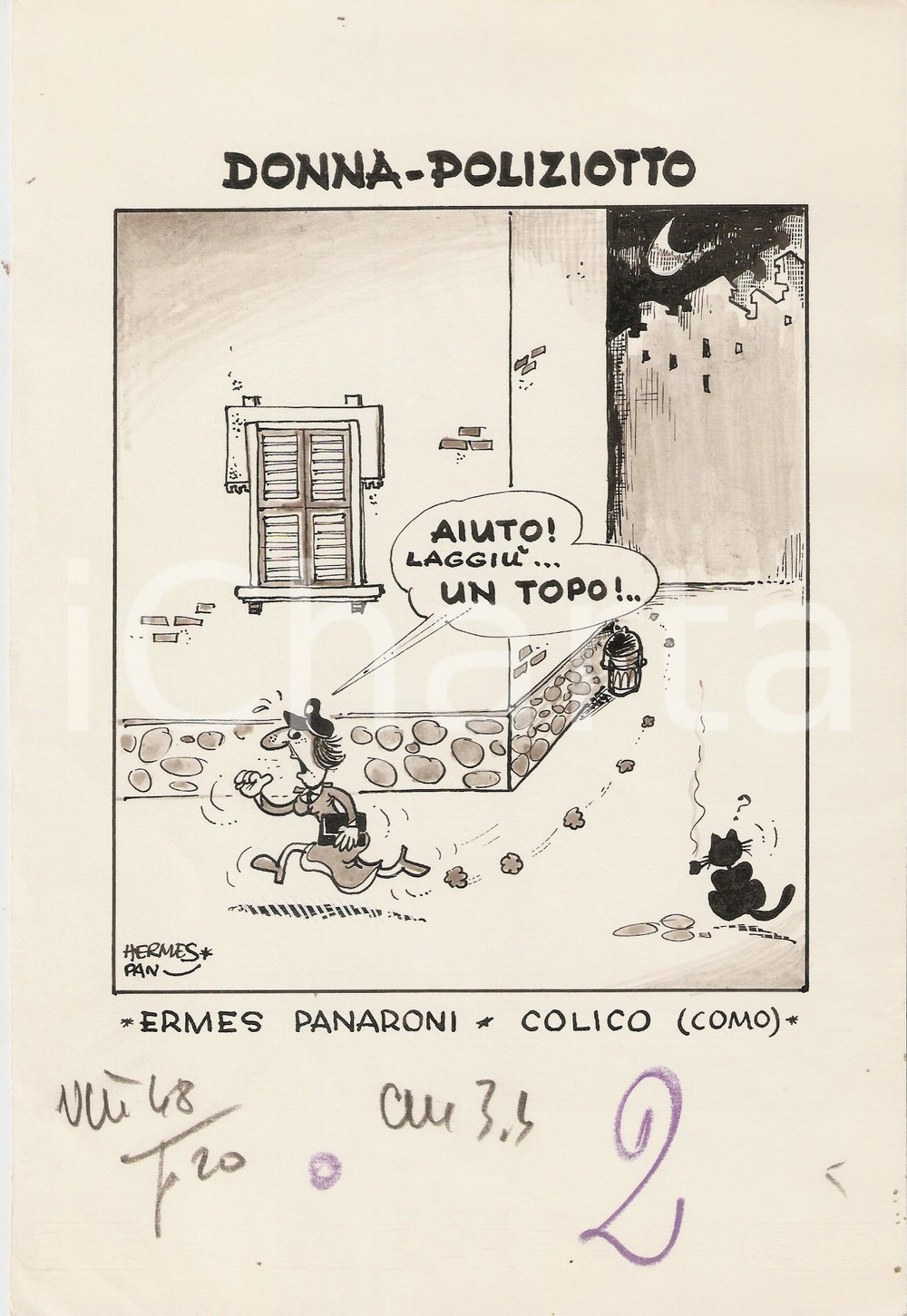 Stampa, bozzetto originale 1955 ca IL VITTORIOSO ? Donna poliziotto SATIRA Vignetta ORIGINALE Hermes PAN 1