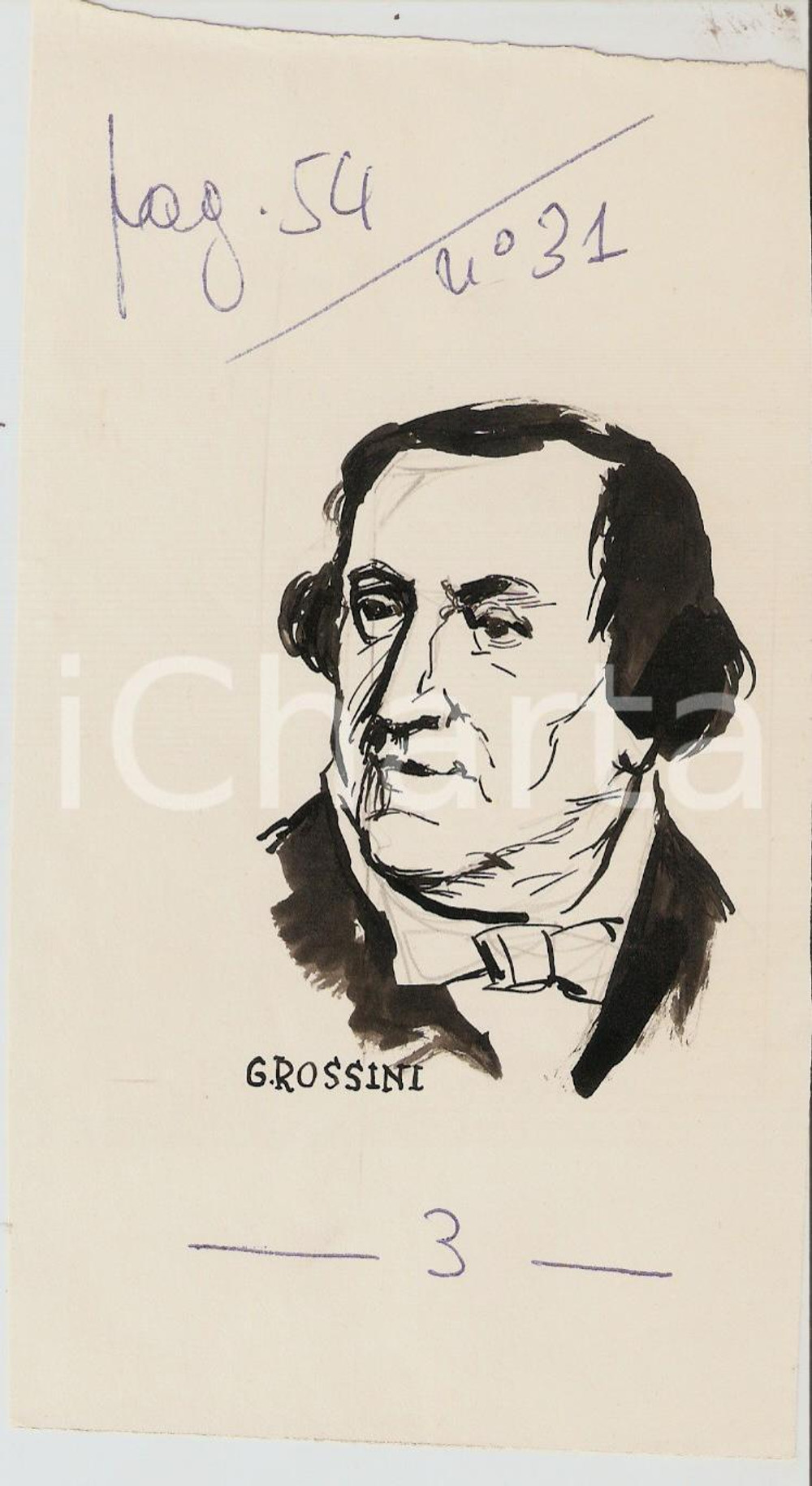 Stampa, bozzetto originale 1955 ca IL VITTORIOSO ? Gioachino ROSSINI Ritratto  Illustrazione ORIGINALE 1