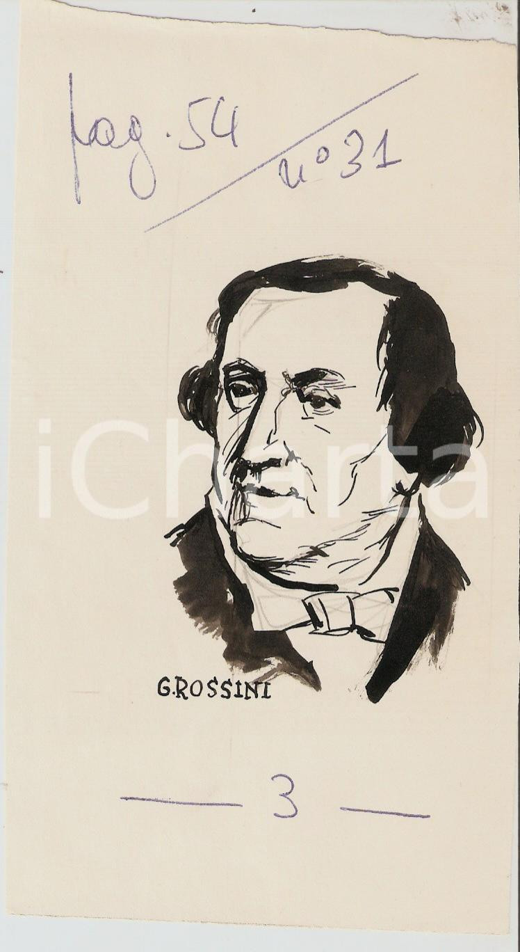 Stampa, bozzetto originale 1955 ca IL VITTORIOSO ? Gioachino ROSSINI Ritratto  Illustrazione ORIGINALE 1