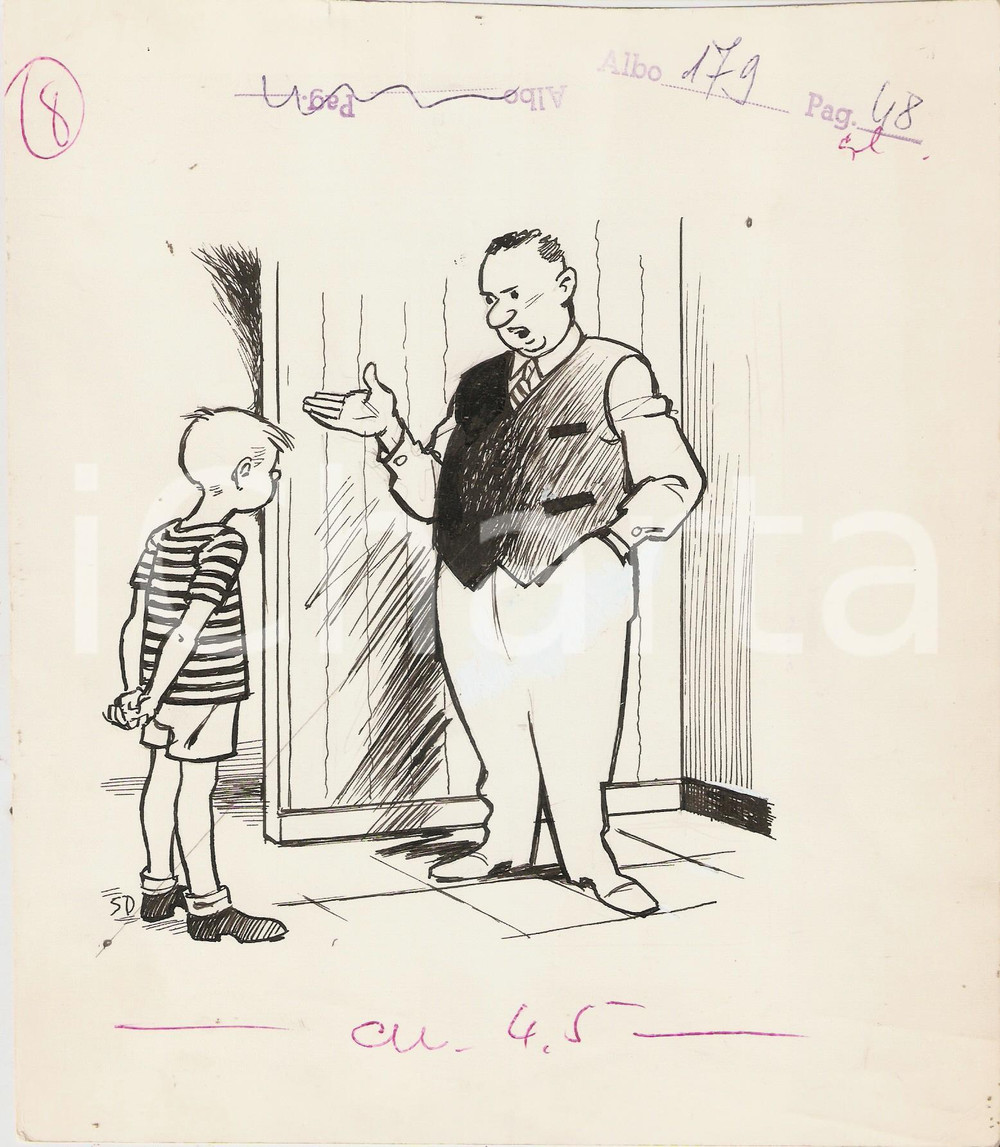 Stampa, bozzetto originale 1955 ca IL VITTORIOSO ? Padre sgrida il figlio Illustrazione ORIGINALE 19x22 cm 1