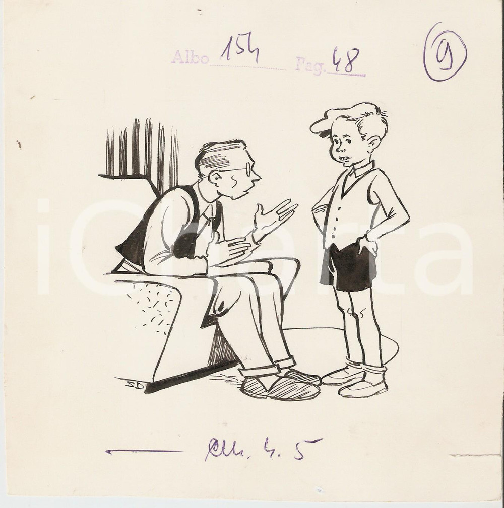 Stampa, bozzetto originale 1955 ca IL VITTORIOSO ? Nipote ascolta il nonno  Illustrazione ORIGINALE 17x17 1